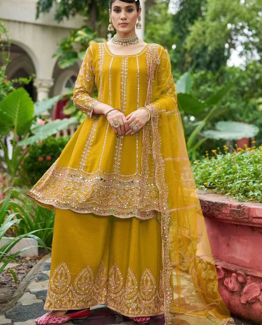 YELLOW - Embroidered and Mirror Work Chinon Salwar Suit In Yellow for Ceremonial